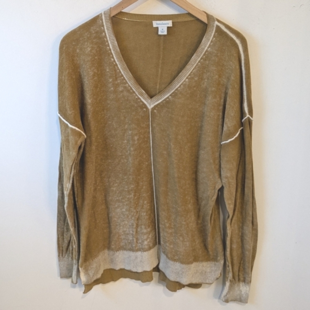 Sundance Women's Mustard Yellow Cece Boho Distressed V Neck Sweater Medium